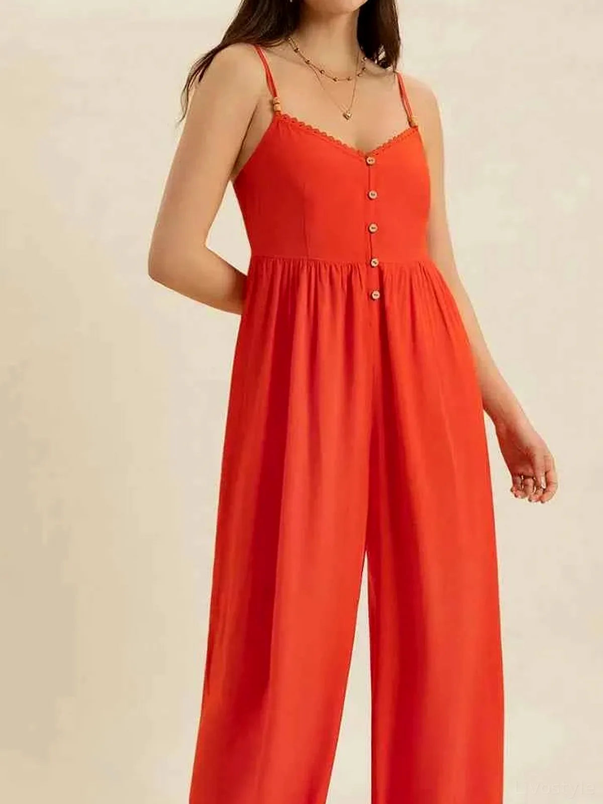 V-Neck Spaghetti Strap Jumpsuit — detail view — Livostyle