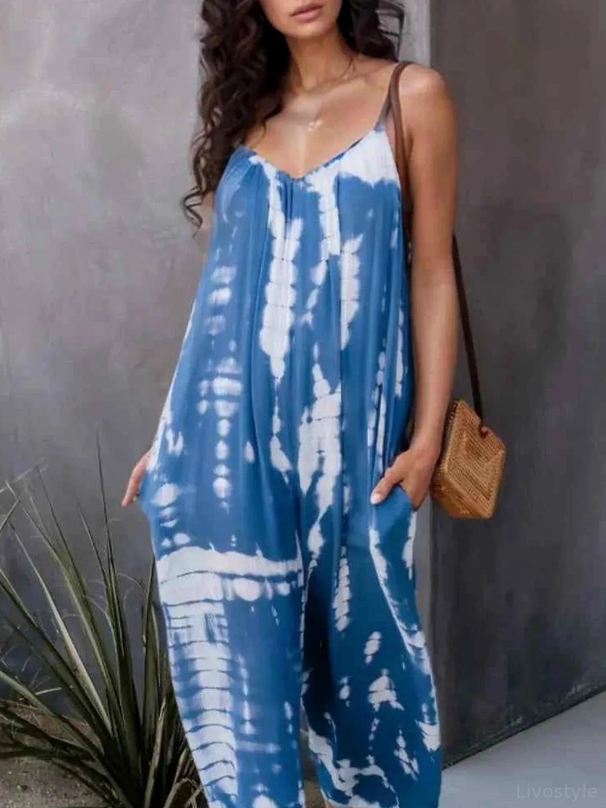 V-Neck Spaghetti Strap Jumpsuit — detail view — Livostyle