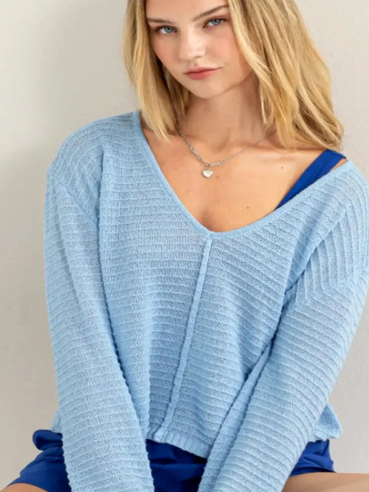 Chic V-Neck Striped Long Sleeve Top for All Seasons — detail view — Livostyle