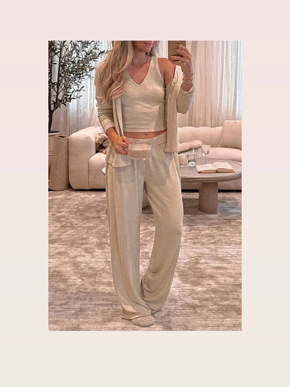 V-Neck Tank, Open Front Cardigan and Pants Lounge Set — styled showcase — Livostyle