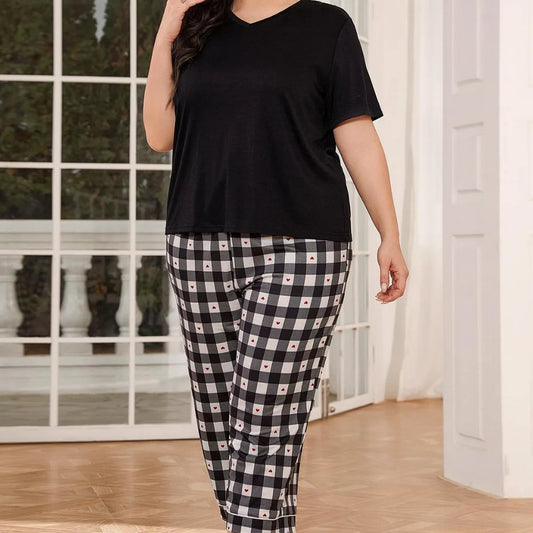 V-Neck Tee and Plaid Cropped Pants Lounge Set — square view — Livostyle
