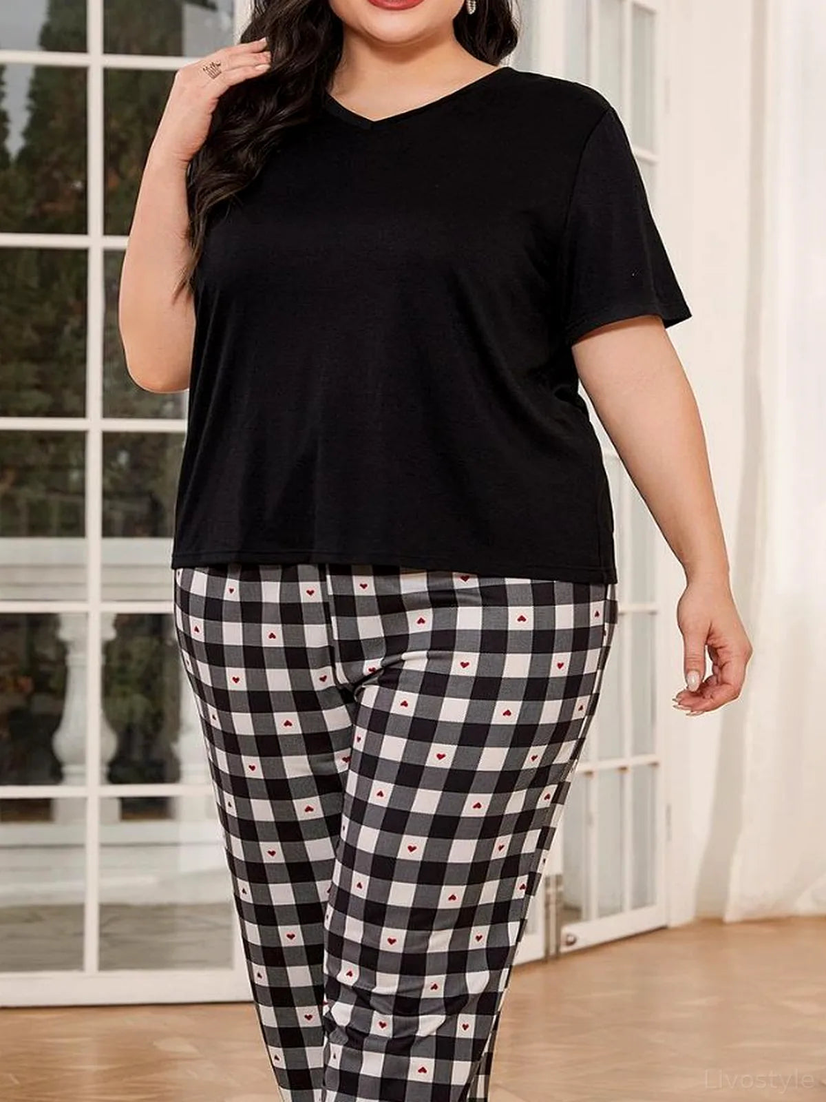 V-Neck Tee and Plaid Cropped Pants Lounge Set — detail view — Livostyle