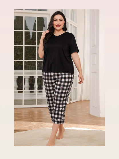 V-Neck Tee and Plaid Cropped Pants Lounge Set — styled showcase — Livostyle