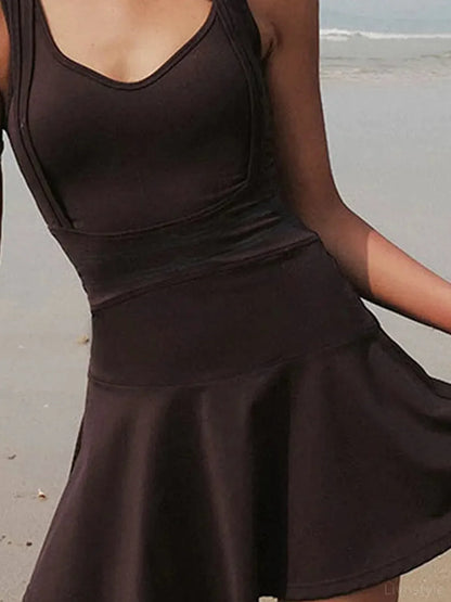 V-Neck Wide Strap Active Dress with Unitard Liner — detail view — Livostyle