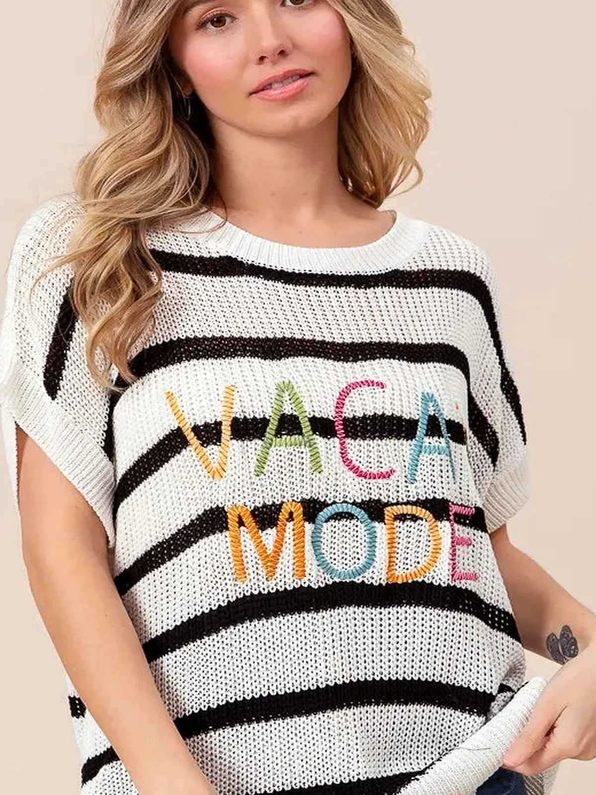 Vacation Mode Cotton Striped Sweater with Drop Shoulder Desi — detail view — Livostyle