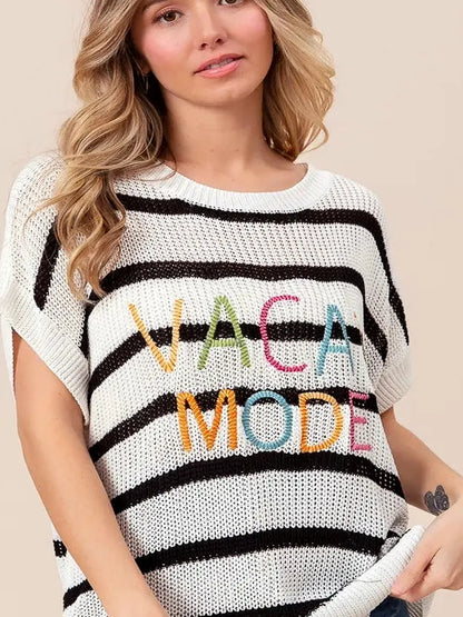Vacation Mode Cotton Striped Sweater with Drop Shoulder Desi — detail view — Livostyle