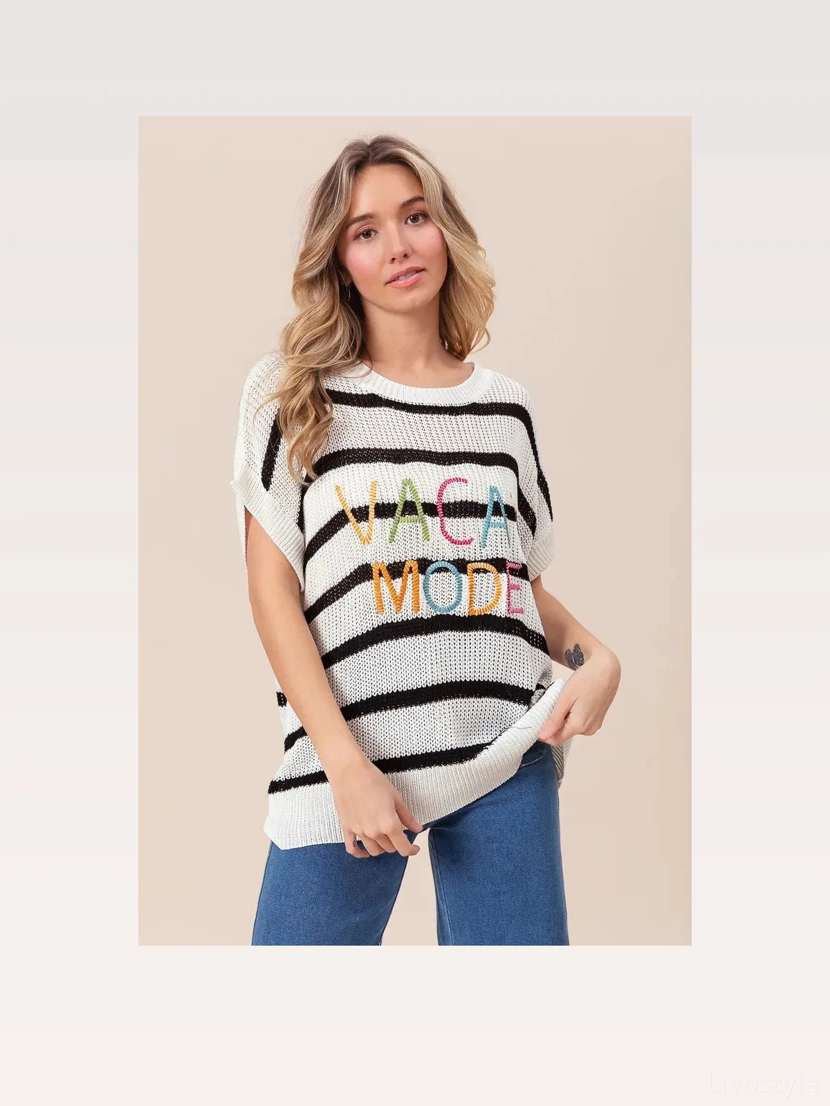 Vacation Mode Cotton Striped Sweater with Drop Shoulder Desi — styled showcase — Livostyle
