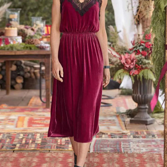 Velvet Cami Lounge Dress with Lace Trim — square view — Livostyle