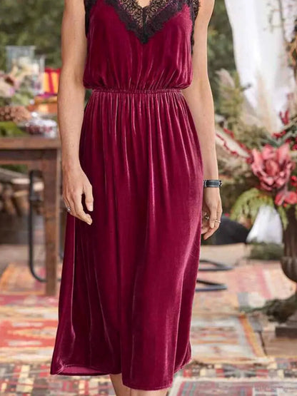 Velvet Cami Lounge Dress with Lace Trim — detail view — Livostyle