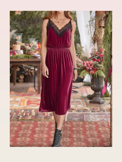 Velvet Cami Lounge Dress with Lace Trim — styled showcase — Livostyle