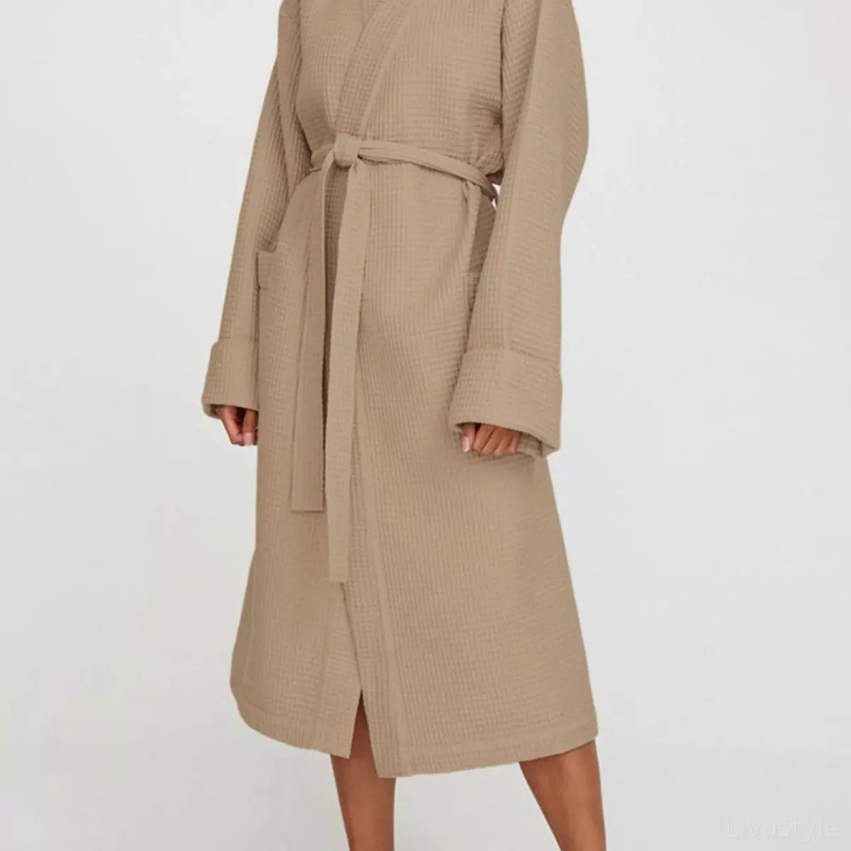 Waffle Knit Tie Waist Lounge Nightgown — square view — Livostyle