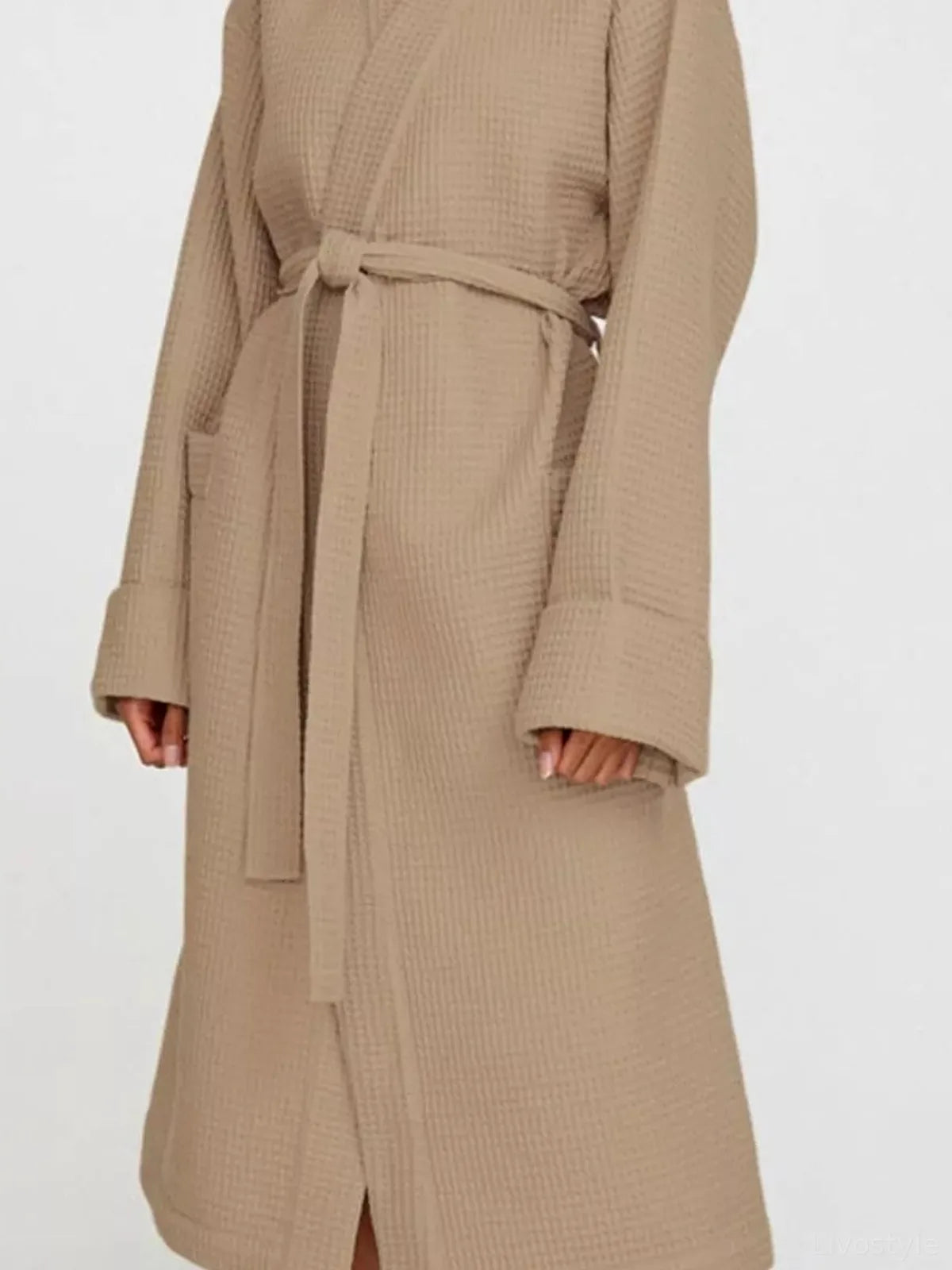 Waffle Knit Tie Waist Lounge Nightgown — detail view — Livostyle