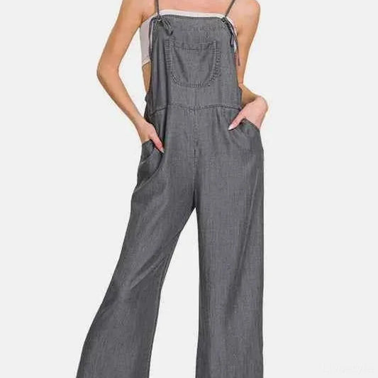 Washed Adjustable Strap Wide Leg Denim Overalls — square view — Livostyle