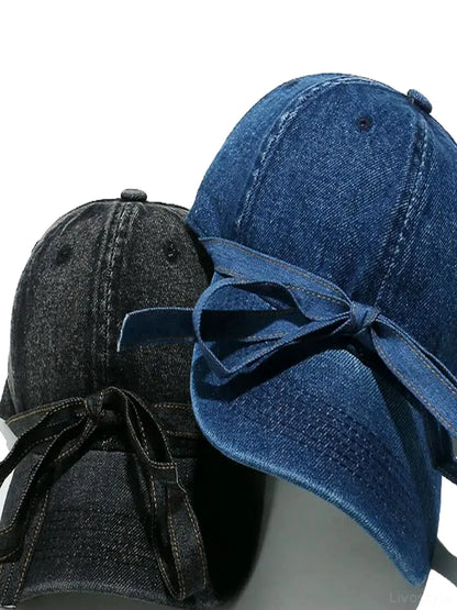 Washed Bow Denim Baseball Cap — detail view — Livostyle