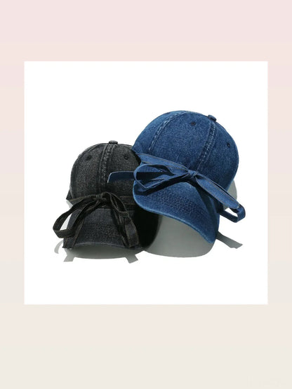 Washed Bow Denim Baseball Cap — styled showcase — Livostyle