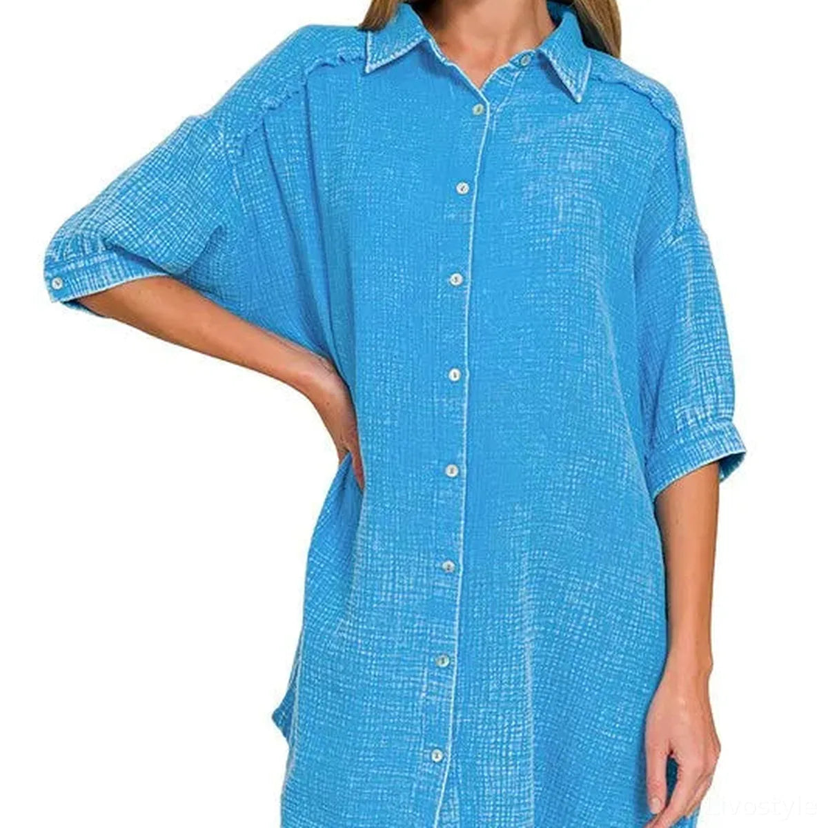 Washed Double Gauze Cotton Shirt Dress with Pockets