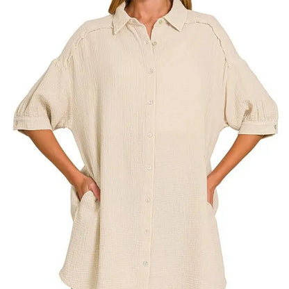 Button Front Double Gauze Shirt Dress – Oversized Fit