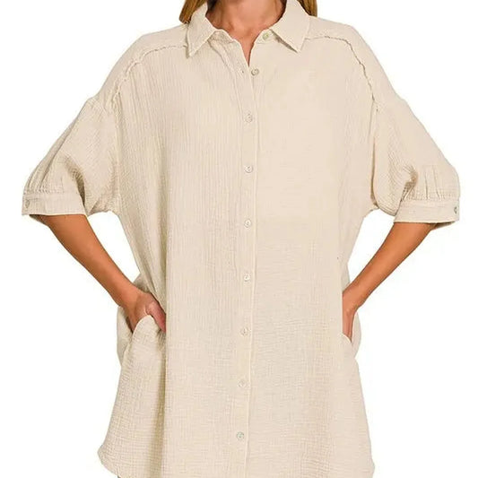 Button Front Double Gauze Shirt Dress – Oversized Fit