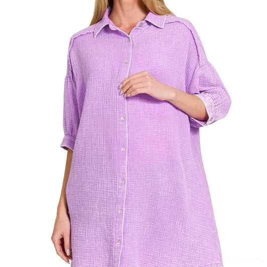 Washed Double Gauze Button Down Shirt Dress in B LAVENDER — square view — Livostyle