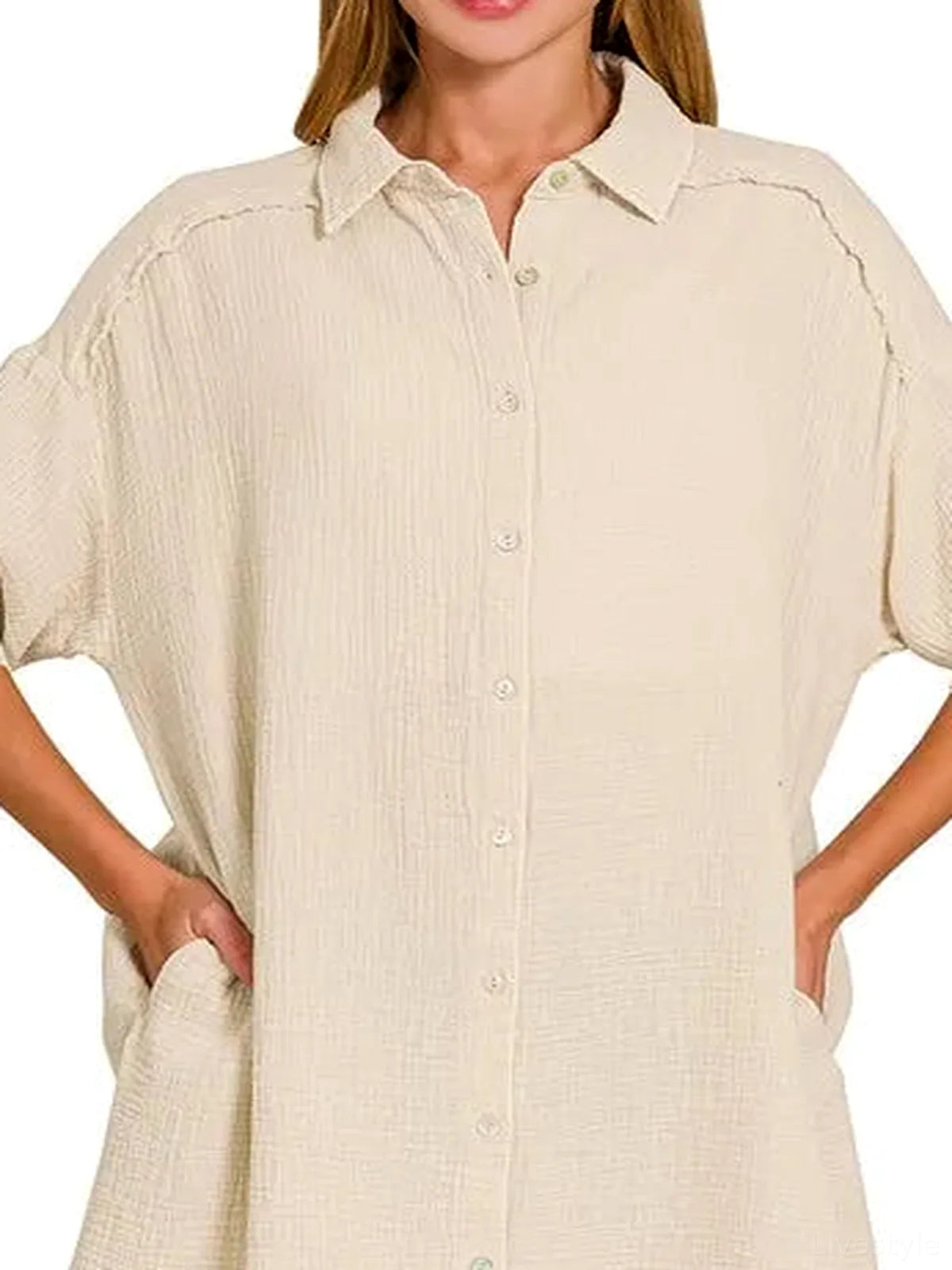 Button Front Double Gauze Shirt Dress – Oversized Fit – photo 2