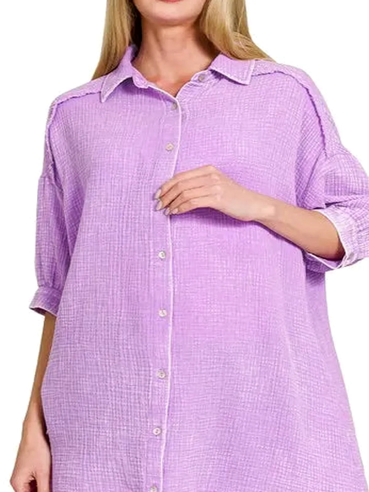 Washed Double Gauze Button Down Shirt Dress in B LAVENDER — detail view — Livostyle