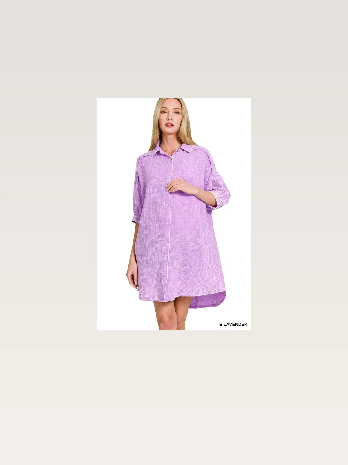 Washed Double Gauze Button Down Shirt Dress in B LAVENDER — styled showcase — Livostyle