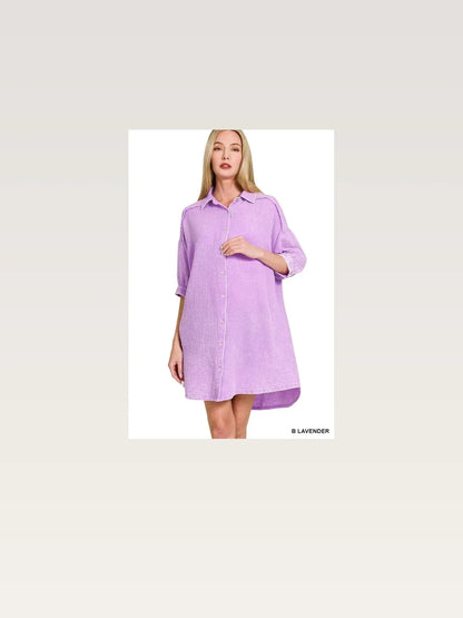 Washed Double Gauze Button Down Shirt Dress in B LAVENDER — styled showcase — Livostyle