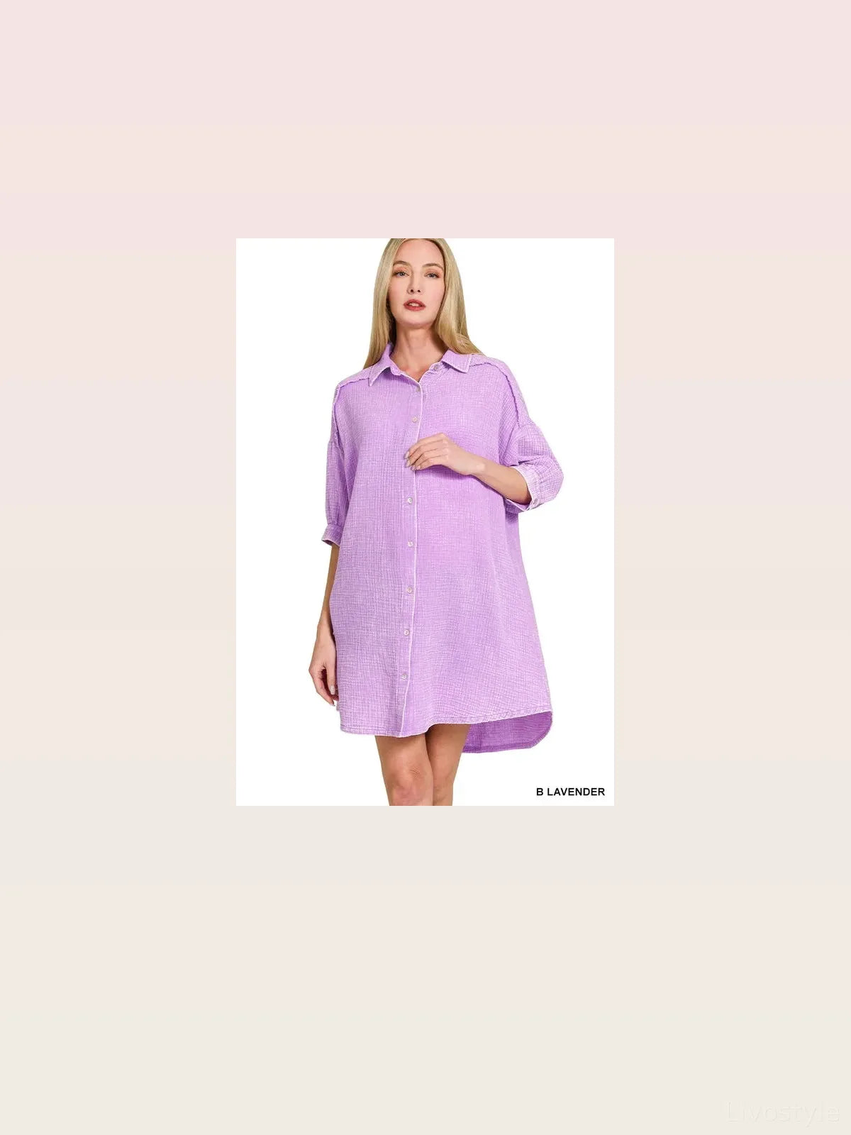 Washed Double Gauze Button Down Shirt Dress in B LAVENDER — styled showcase — Livostyle