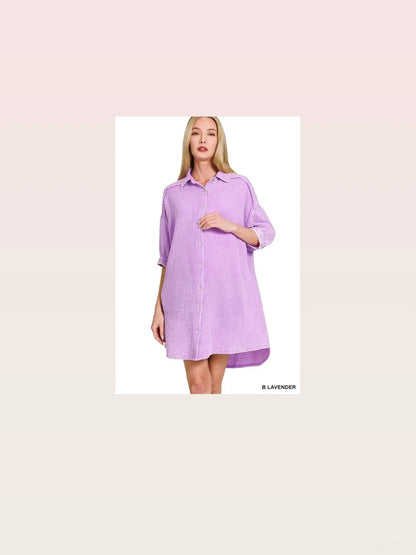 Washed Double Gauze Button Down Shirt Dress in B LAVENDER — styled showcase — Livostyle