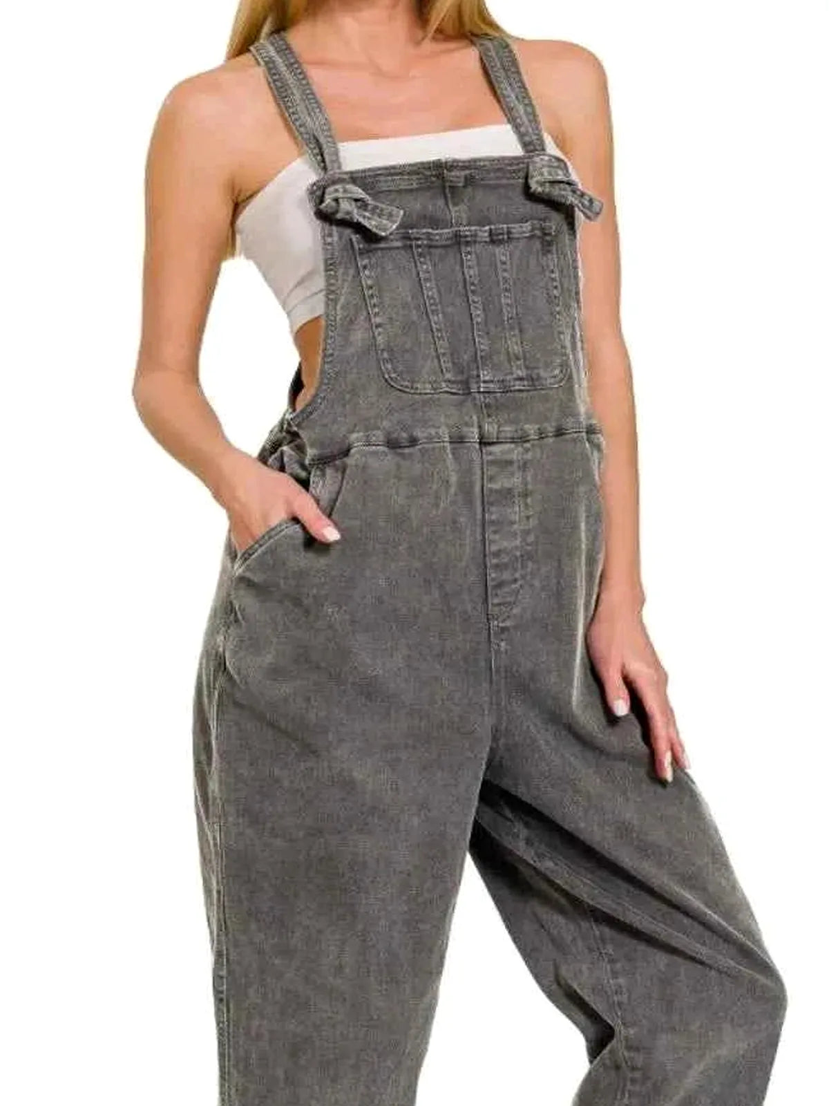 Washed Knot Strap Relaxed Fit Overalls — detail view — Livostyle