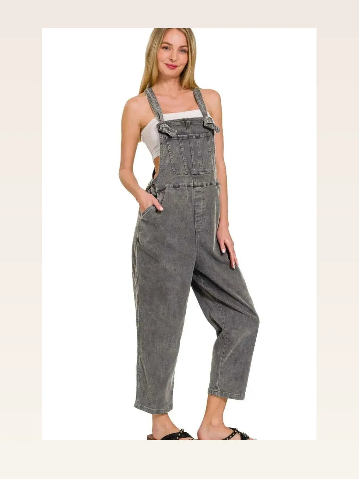 Washed Knot Strap Relaxed Fit Overalls — styled showcase — Livostyle