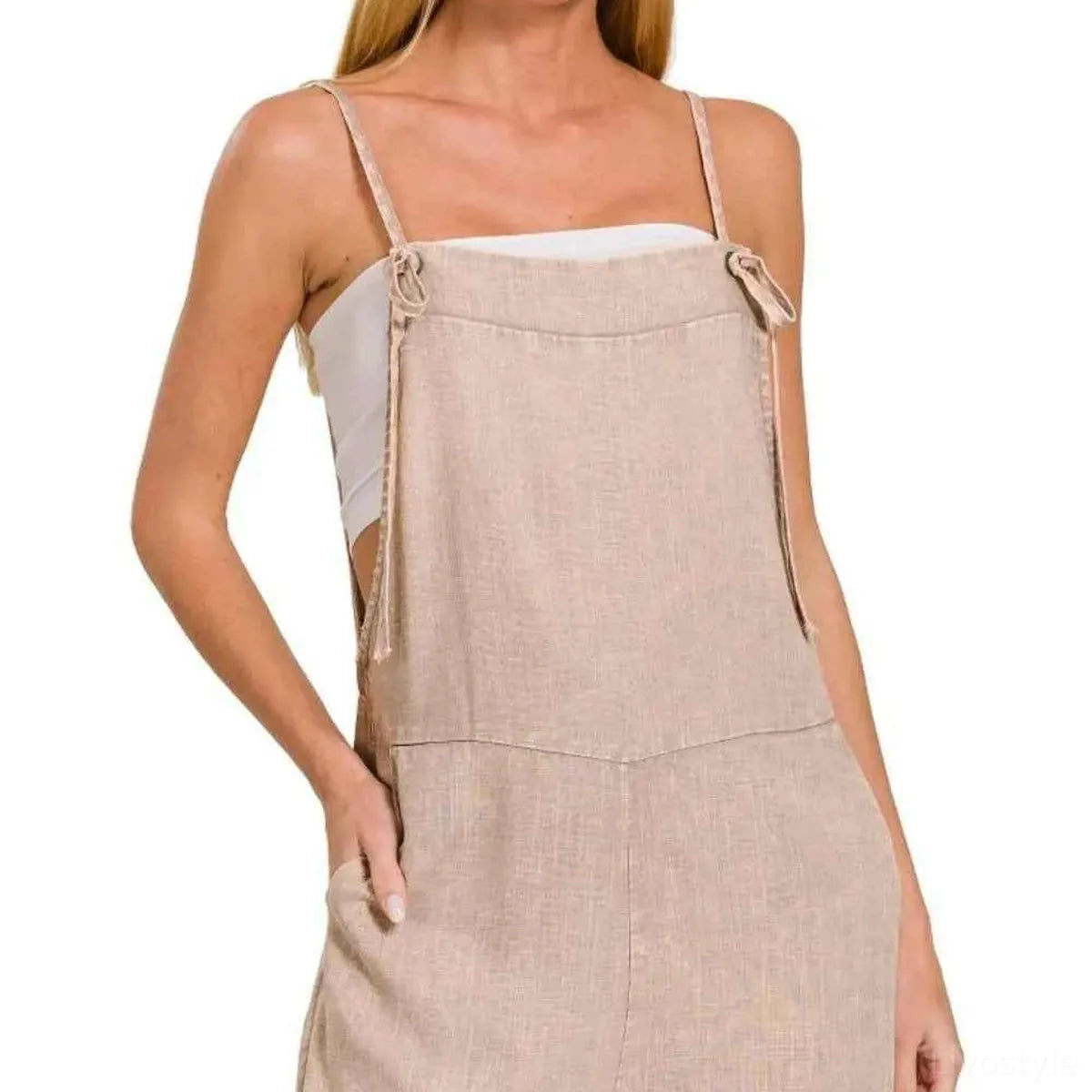 Washed Linen Knot Strap Rompers in ASH MOCHA — square view — Livostyle