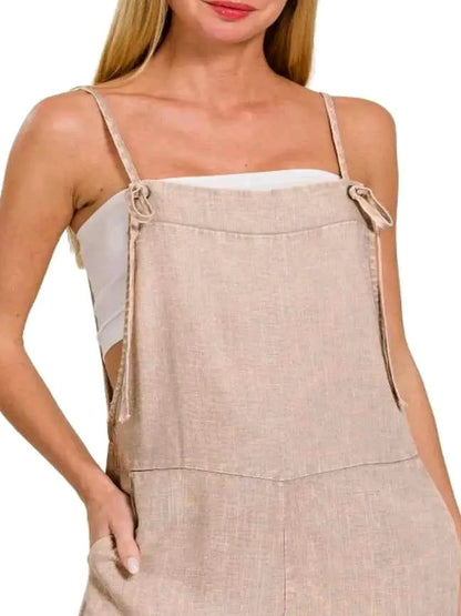 Washed Linen Knot Strap Rompers in ASH MOCHA — detail view — Livostyle