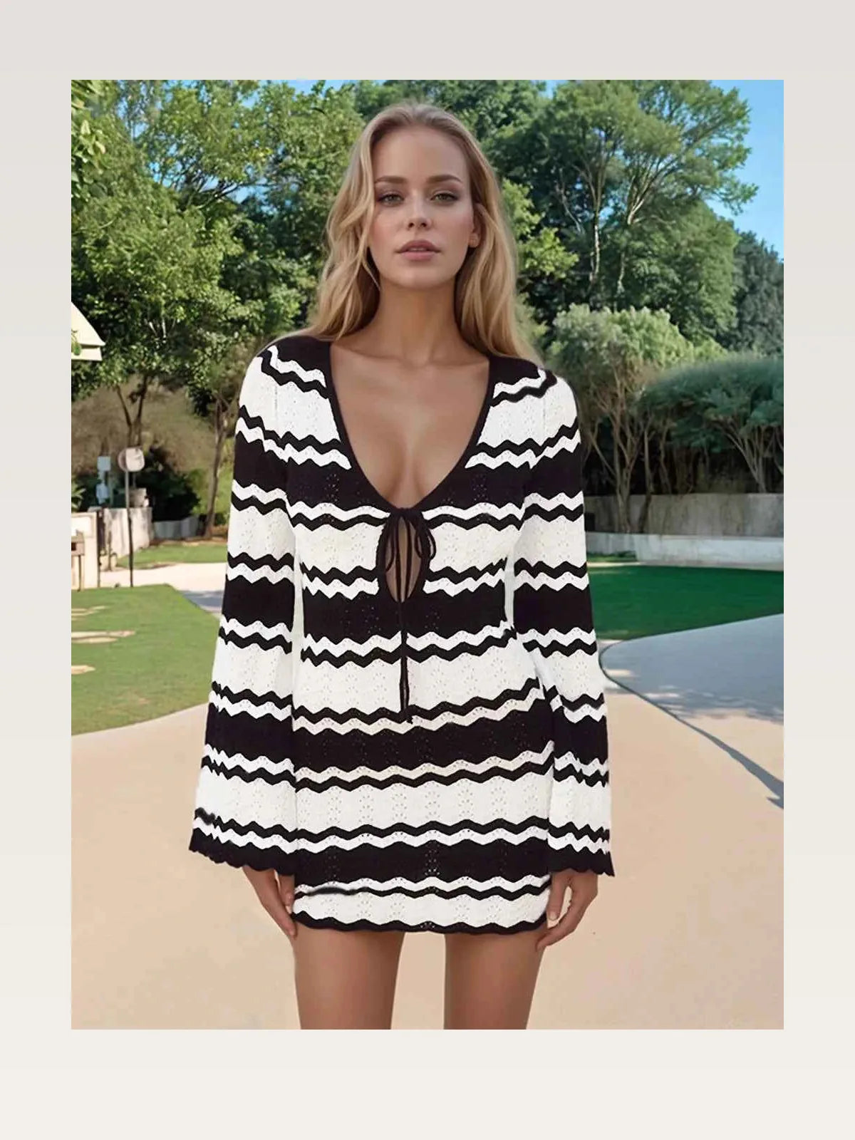 Wavy Striped Tied Front Long Sleeve Cover-Up Dress — styled showcase — Livostyle