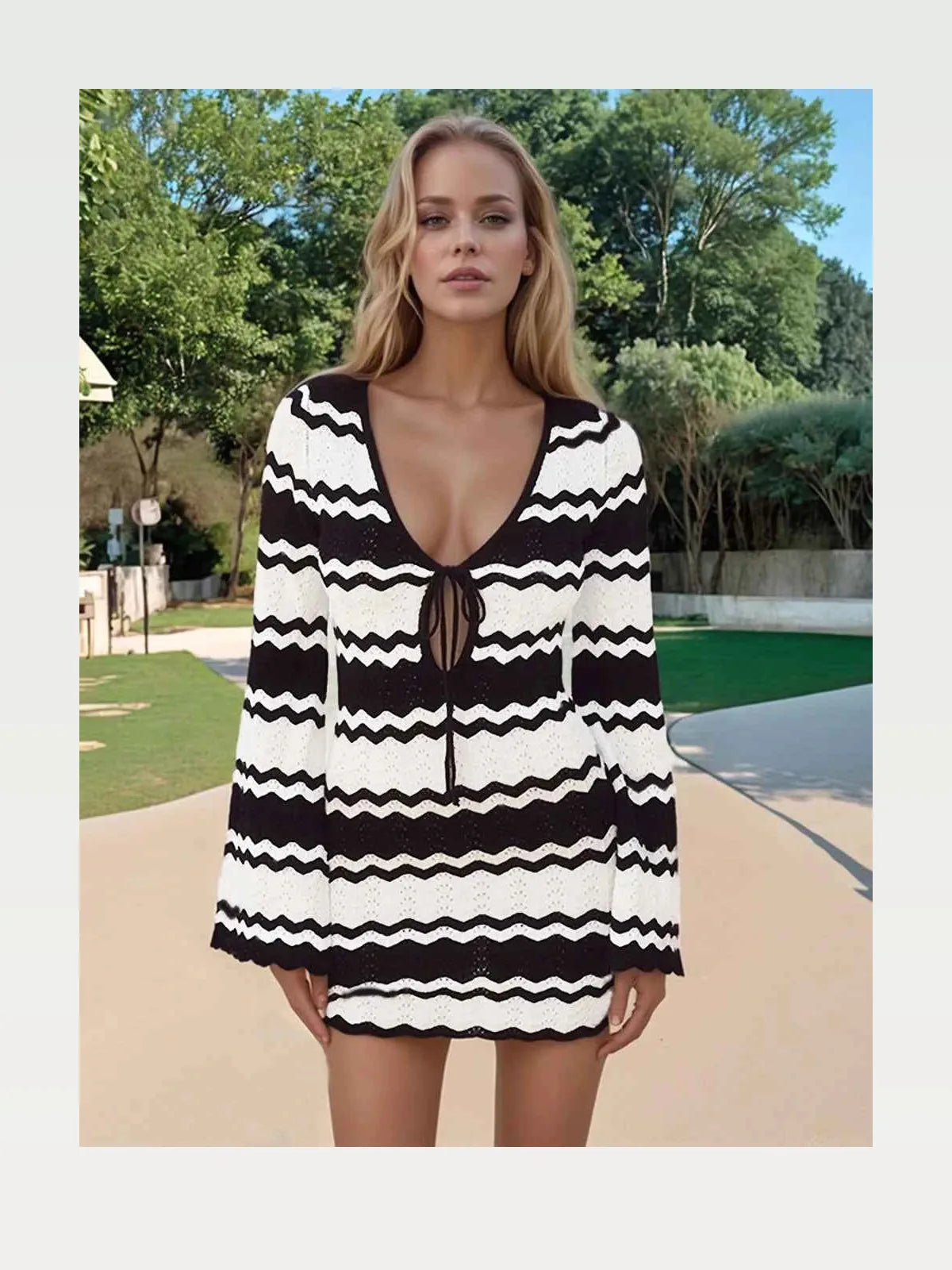 Wavy Striped Tied Front Long Sleeve Cover-Up Dress — styled showcase — Livostyle