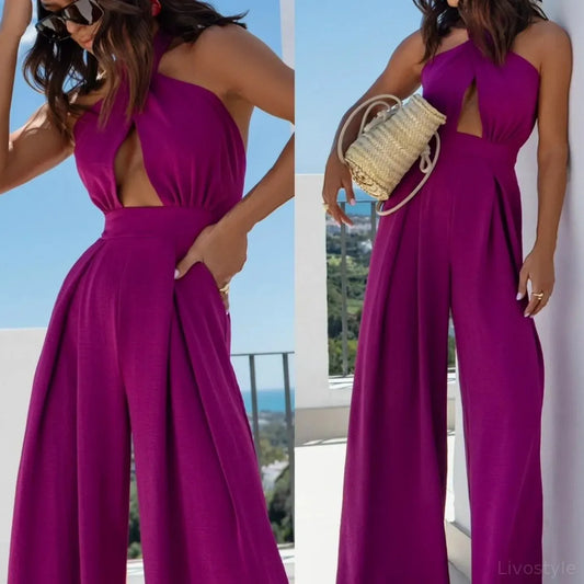 Wide Leg Cutout Halter Neck Jumpsuit — square view — Livostyle