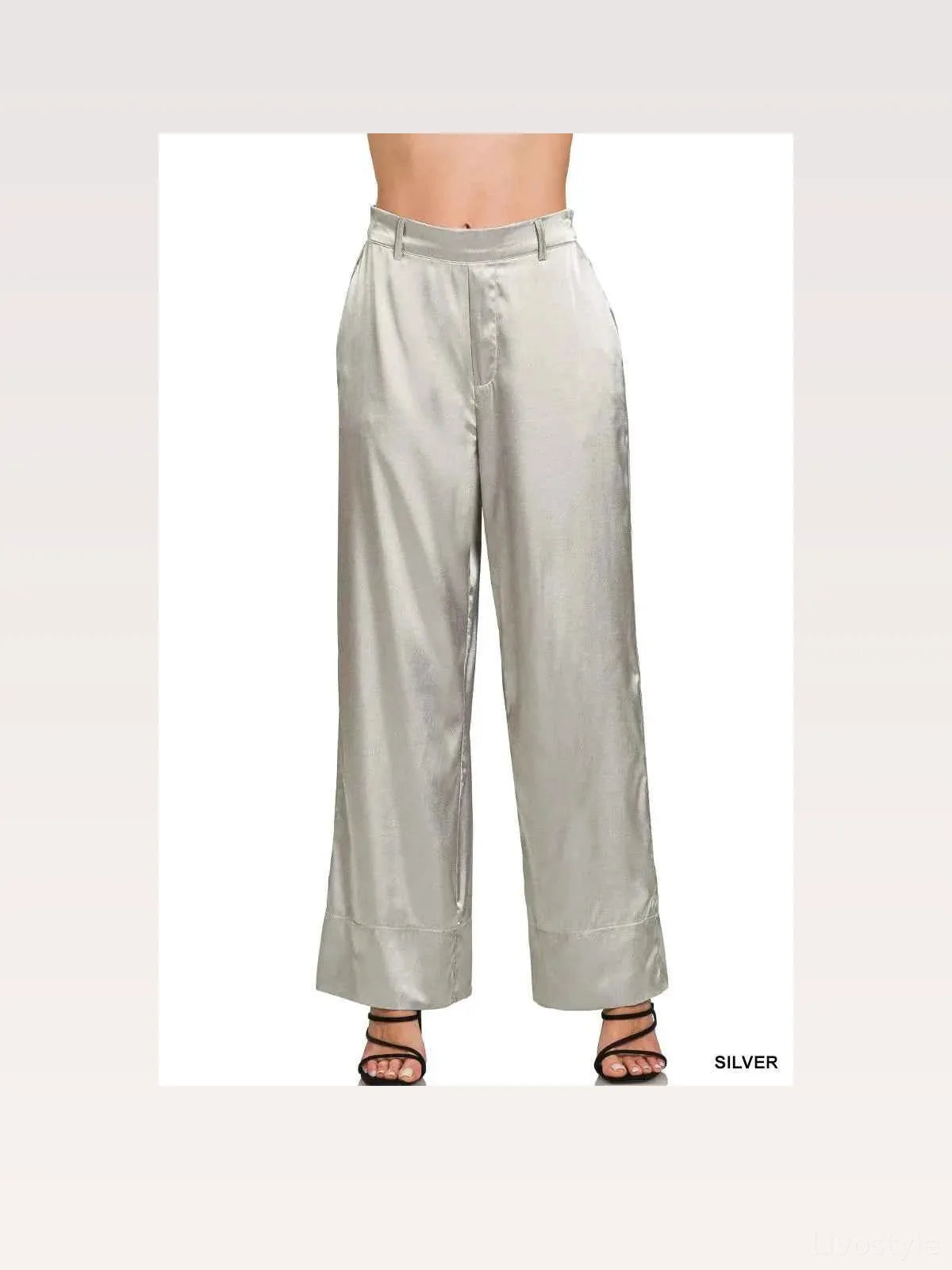 Wide-Leg Satin Pants in SILVER — styled showcase — Livostyle