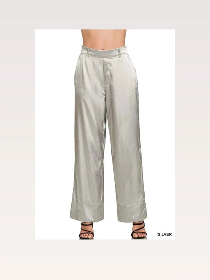 Wide-Leg Satin Pants in SILVER — styled showcase — Livostyle