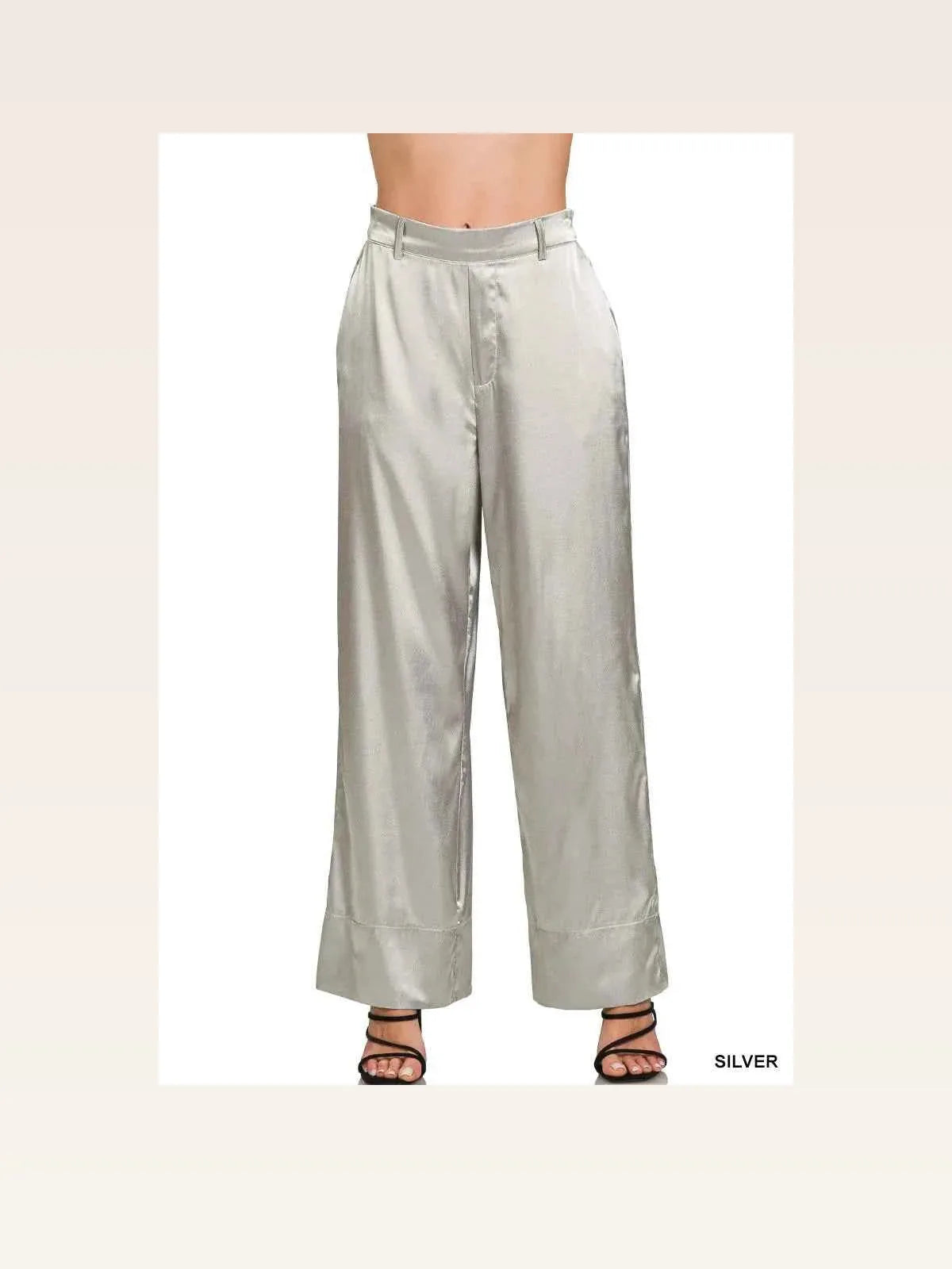 Wide-Leg Satin Pants in SILVER — styled showcase — Livostyle