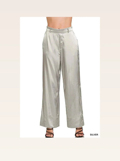 Wide-Leg Satin Pants in SILVER — styled showcase — Livostyle