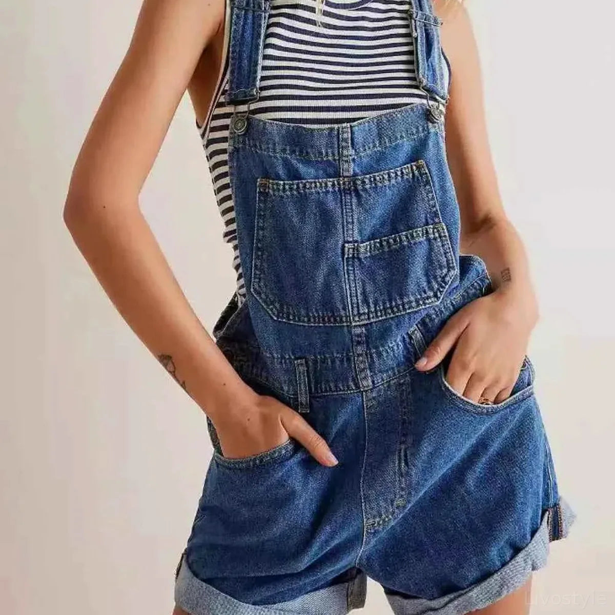 Medium Blue Striped Summer Wide Strap Denim Overalls — square view — Livostyle