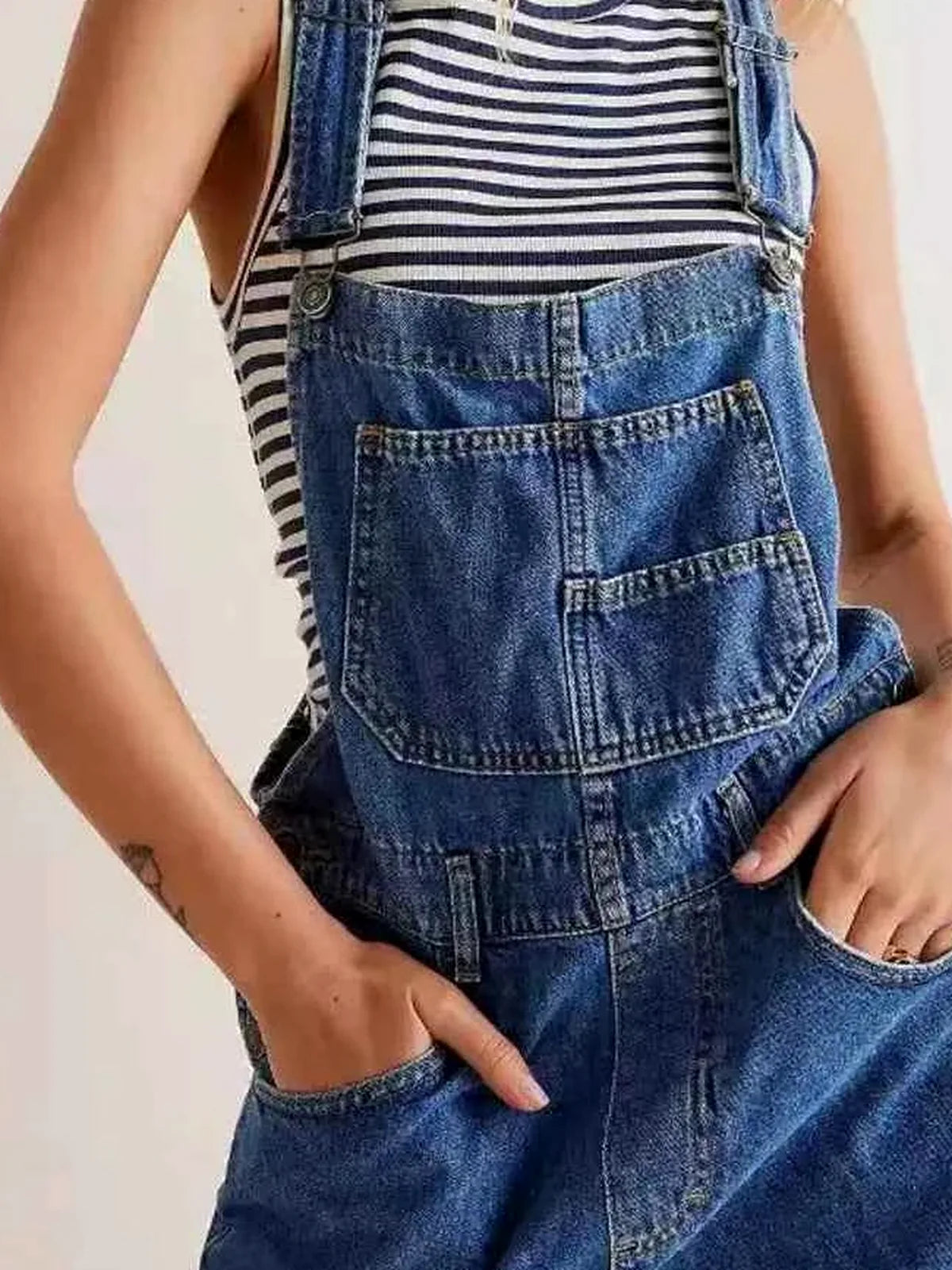 Medium Blue Striped Summer Wide Strap Denim Overalls — detail view — Livostyle
