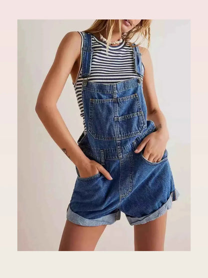 Medium Blue Striped Summer Wide Strap Denim Overalls — styled showcase — Livostyle