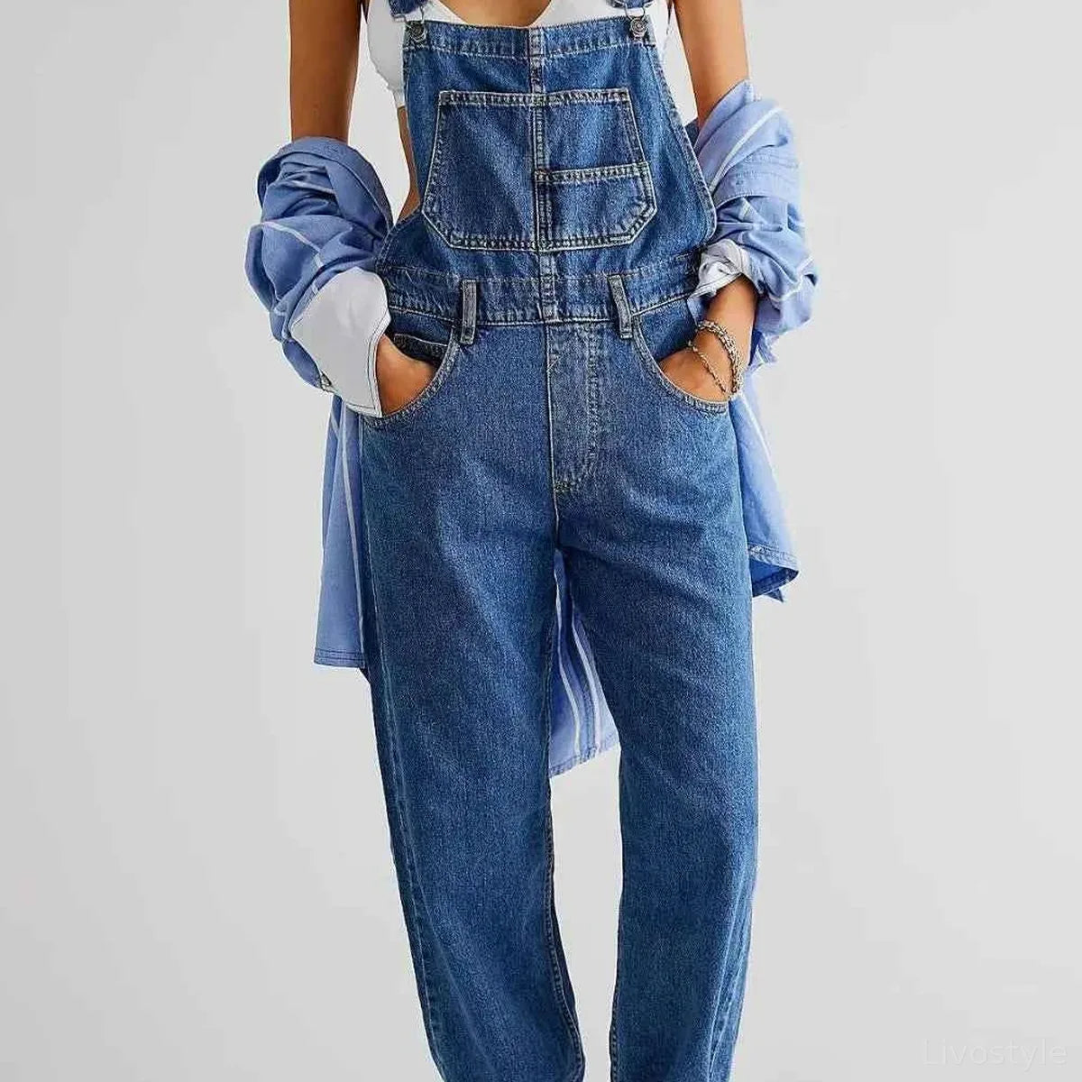 Medium Blue Utility Pinafore Wide Strap Denim Overalls — square view — Livostyle