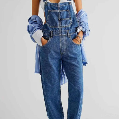 Medium Blue Utility Pinafore Wide Strap Denim Overalls — square view — Livostyle