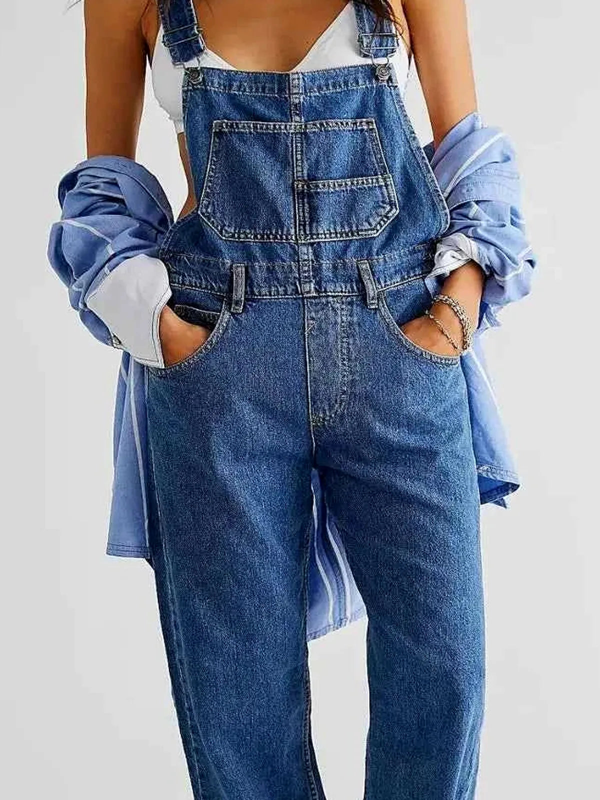 Medium Blue Utility Pinafore Wide Strap Denim Overalls — detail view — Livostyle