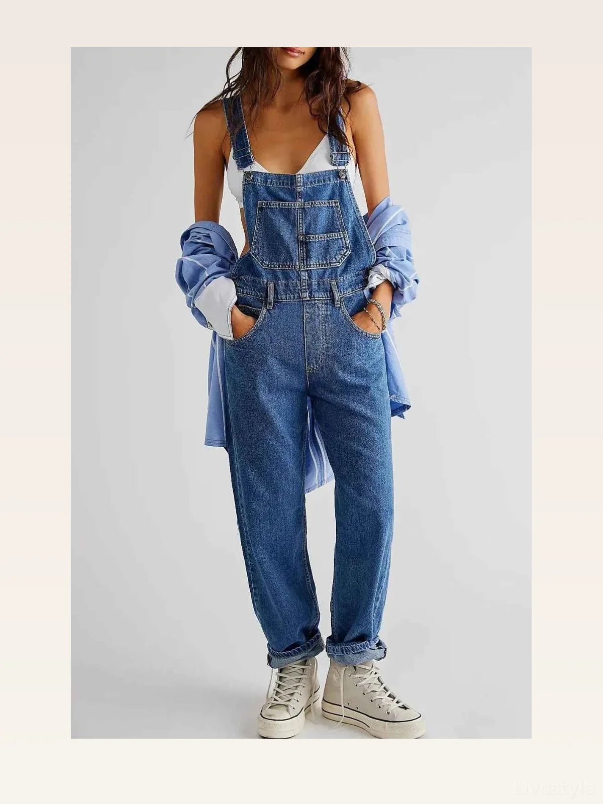 Medium Blue Utility Pinafore Wide Strap Denim Overalls — styled showcase — Livostyle