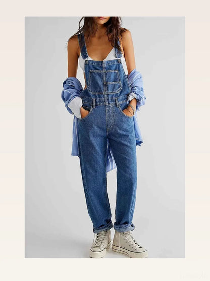 Medium Blue Utility Pinafore Wide Strap Denim Overalls — styled showcase — Livostyle
