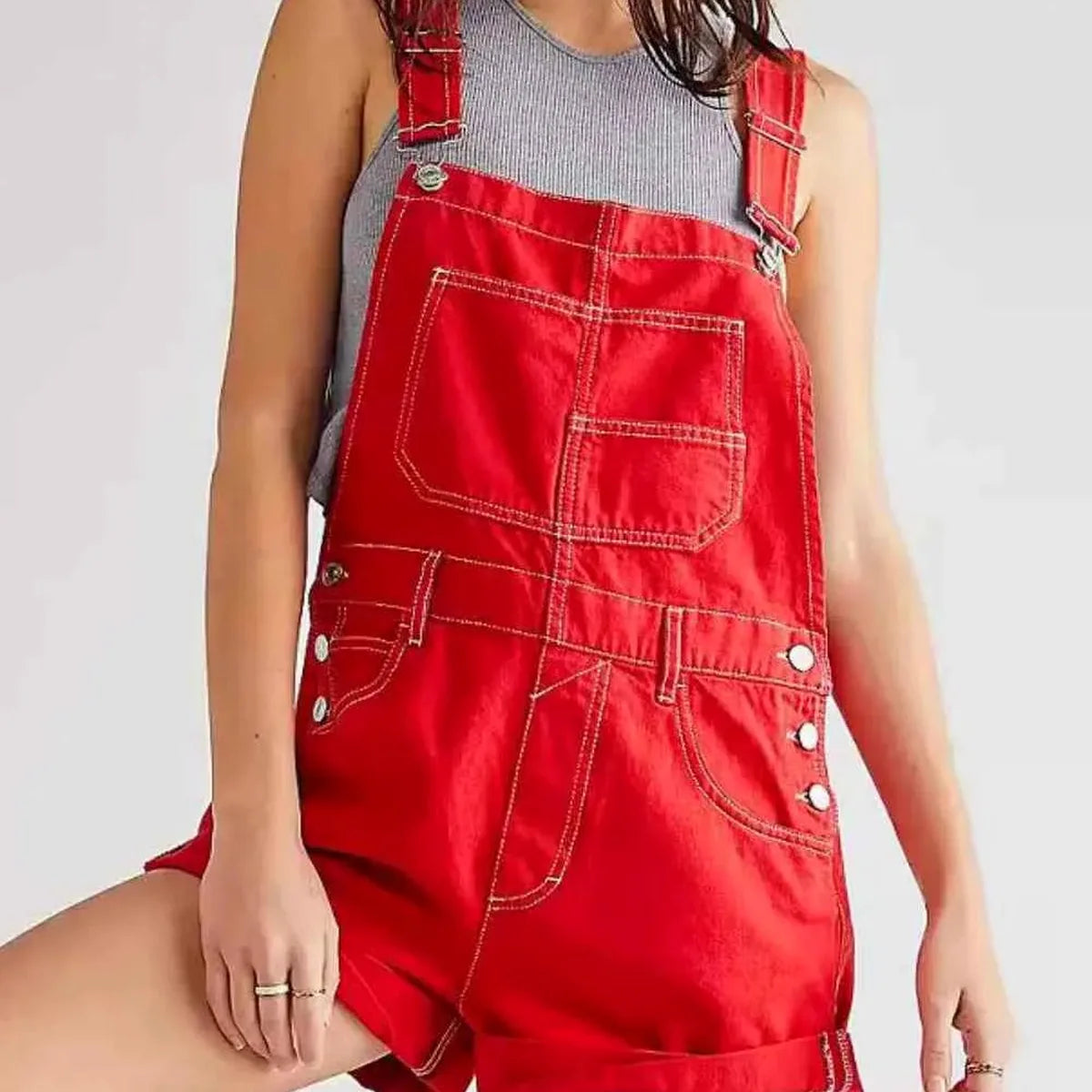 Scarlet Red Rolled Cuff Wide Strap Denim Overalls — square view — Livostyle
