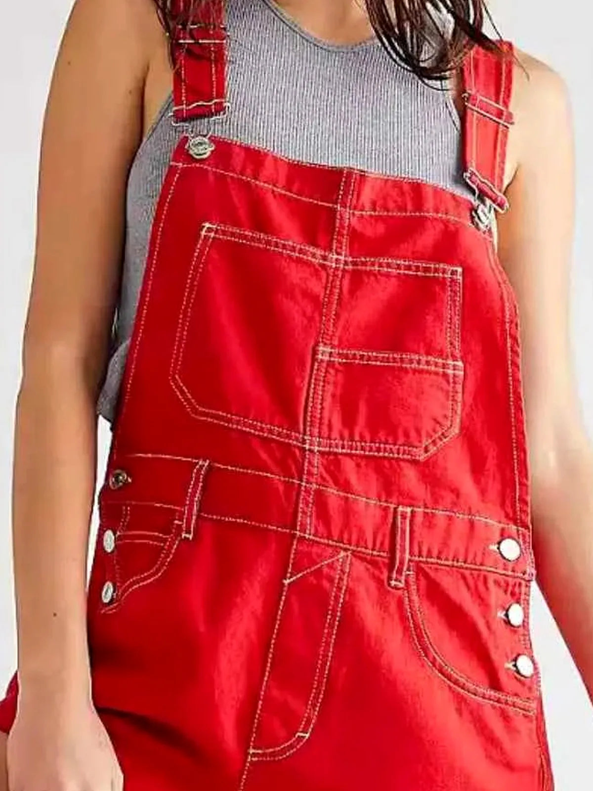 Scarlet Red Rolled Cuff Wide Strap Denim Overalls — detail view — Livostyle